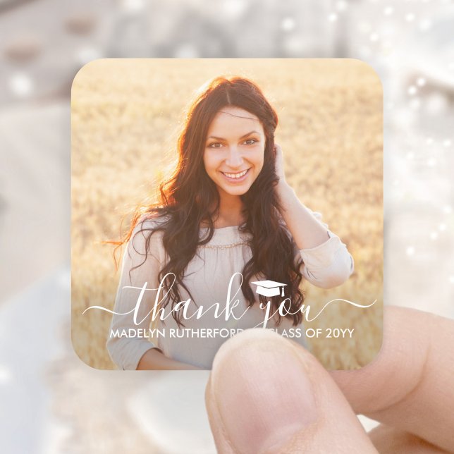 Sticker Carré Graduation Photo & Elegant White Script Thank You (Créateur téléchargé)