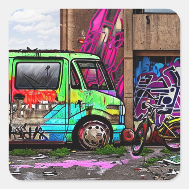 Sticker Carré Graffiti de Van et de Vélo Abandonné Art urbain (Devant)
