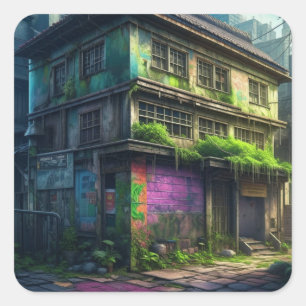 Sticker Carré Graffiti violet abandonné Bâtiment de désintégrati