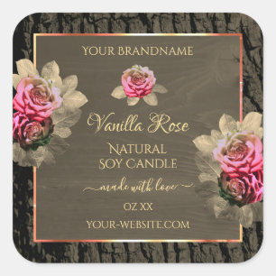 Sticker Carré Grain en bois foncé Brown Roses roses roses Étique