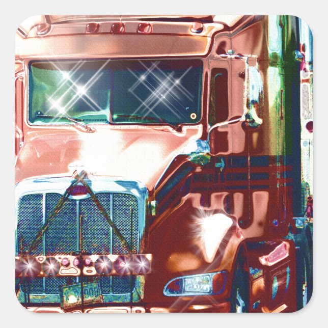 Sticker Carré Grand Camion rouge lourd pour camionneurs et amate (Devant)