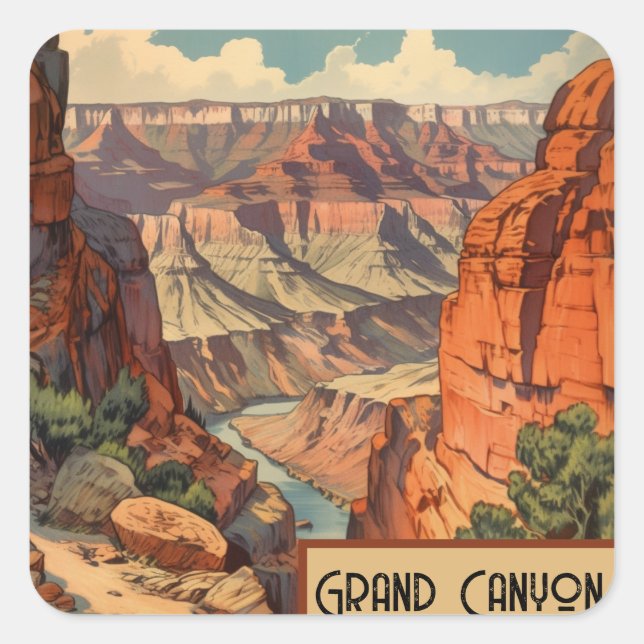 Sticker Carré Grand Canyon Retro Design de voyage (Devant)