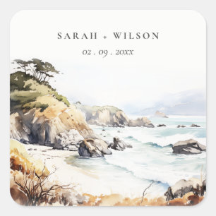 Sticker Carré Grand mariage de paysage à l'aquarelle à Big Sur, 