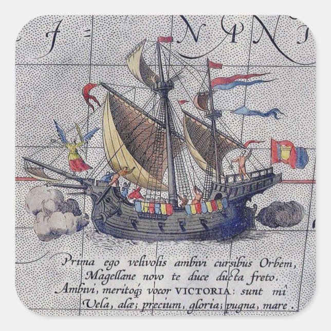 Sticker Carré Grand navire et carte de l'océan Pacifique (Devant)
