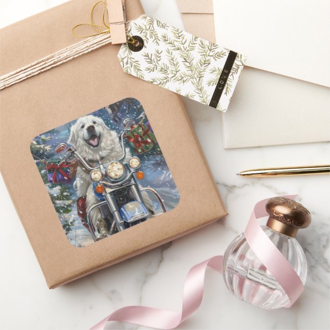 Sticker Carré Grand Pyrénées Chien équitation Moto Noël (Cadeaux)