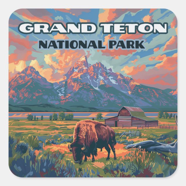 Sticker Carré Grand Teton National Park Mountains Bison Wyoming (Devant)