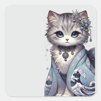 Sticker Carré Grande vague Kimono Japonaise Princesse Chat