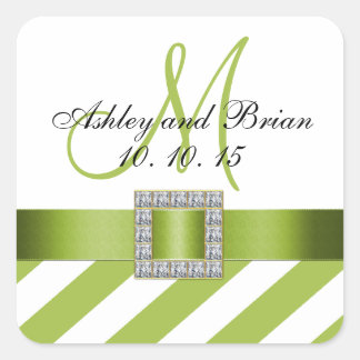 Sticker Carré Grandes Vertes Ruban Monogramme Mariage Faveur Éti