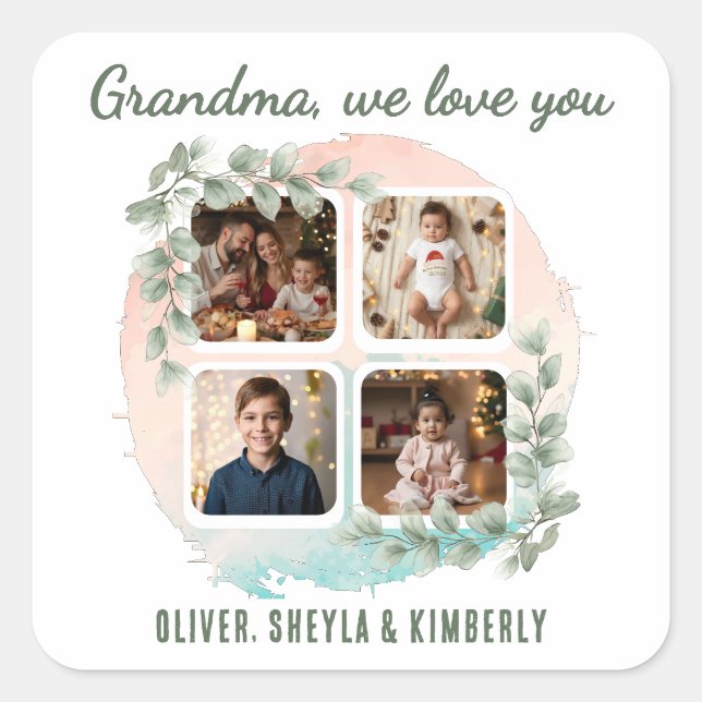 Sticker Carré Grandma we love you 6 Photo Collage Eucalyptus (Devant)
