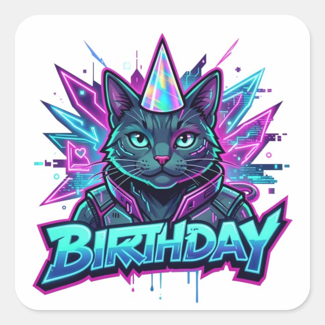 Sticker Carré Graphisme pour fête d'anniversaire de chat cyberpu (Devant)