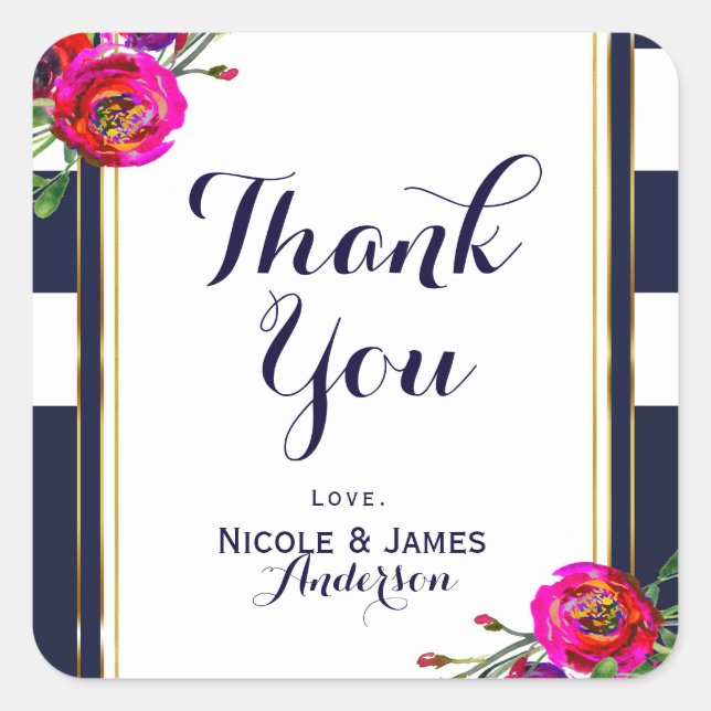 Sticker Carré Gras Floral Bleu & Or élégant Classy Moderne (Devant)