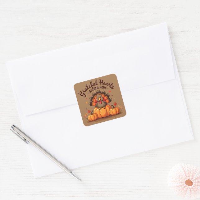 Sticker Carré Grateful Hearts Thanksgiving Turkey (Enveloppe)