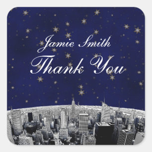 Sticker Carré Gratitude NYC Skyline Gravée 2 Bleu Or Étoile