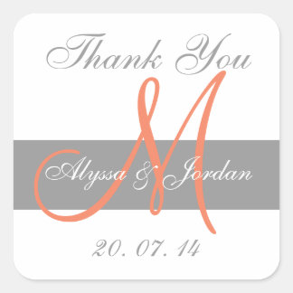 Sticker Carré Gray Orange Monogramme Noms Mariage Faveur Étiquet