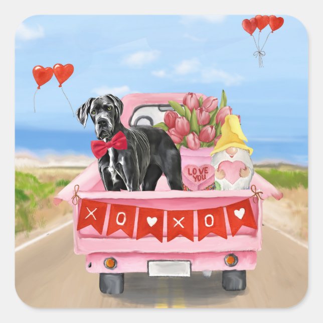 Sticker Carré Great Dane Chien Valentine's Day Truck (Devant)