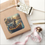 Sticker Carré Great Dane Christmas Festive Voyage<br><div class="desc">Jetez un coup d'oeil à la magie de la saison des Fêtes avec cette illustration magnifiquement détaillée, montrant un chien fier assis dans un bateau à la décoration festive, glissant à travers un lac serein de Noël. Les lumières scintillantes des pins voisins se reflètent dans l'eau, projetant une lumière chaude...</div>