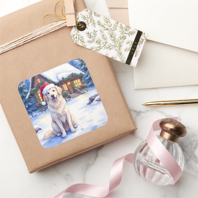 Sticker Carré Great Pyrenees Snowy Mountain Lodge Santa Hat (Cadeaux)