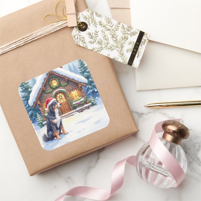 Sticker Carré Greater Swiss Mountain Dog Snowy Cabin Santa Hat (Cadeaux)