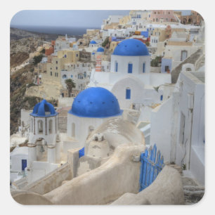 Sticker Carré Grèce, Santorin. Clocher et dômes bleus de 3