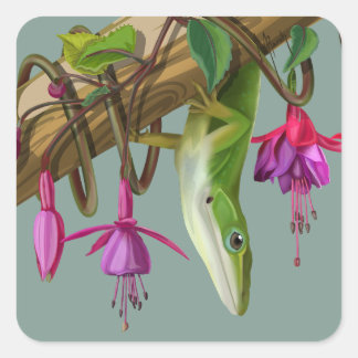 Sticker Carré Green anole with Fuchsias