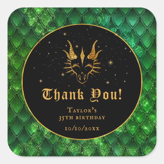 Sticker Carré Green Dragon Scales Or Anniversaire Merci (Devant)
