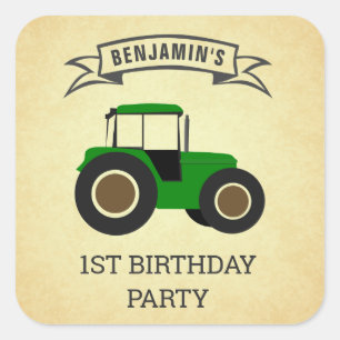Sticker Carré Green Farm Tractor Anniversaire de enfant Party