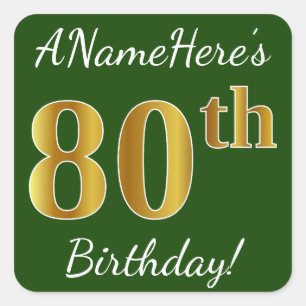 Sticker Carré Green, Faux Gold 80e anniversaire + Nom personnali