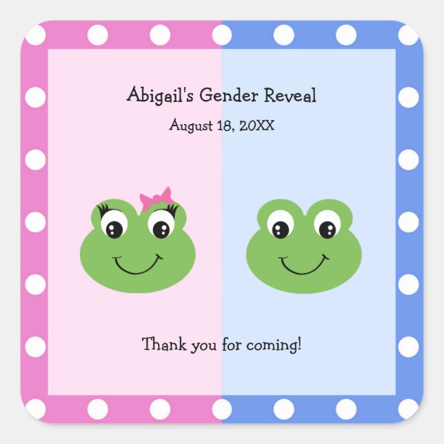 Sticker Carré Green Frogs Baby shower de révélation de genre (Devant)