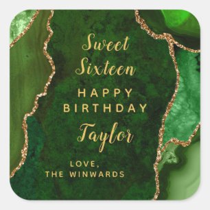 Sticker Carré Green Gold Agate Sweet sixteen Joyeux anniversaire