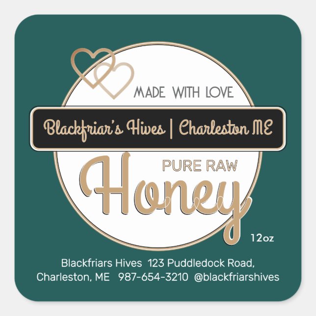Sticker Carré Green Gold Modern Script Miel Fabriqué Avec Amour (Devant)