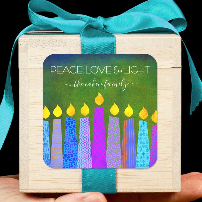 Sticker Carré Green Hanoukka Blue Boho bougies Peace Love Light (Créateur téléchargé)