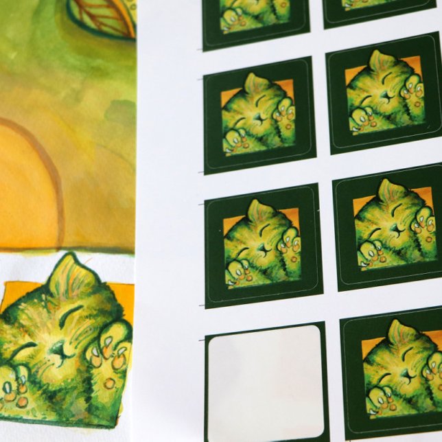 Sticker Carré Green Kitty Chat Caturday Design de chatons d'art (Créateur téléchargé)