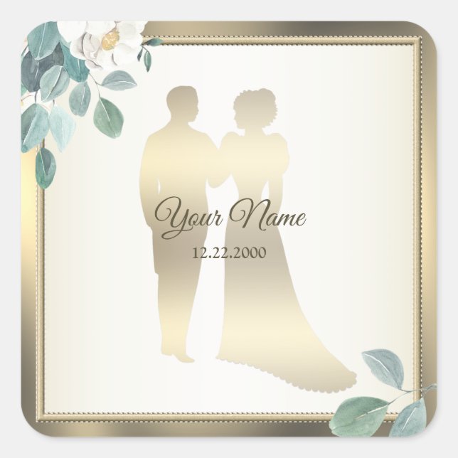 Sticker Carré Green Leaves Flower Golden Frame Wedding Party (Devant)