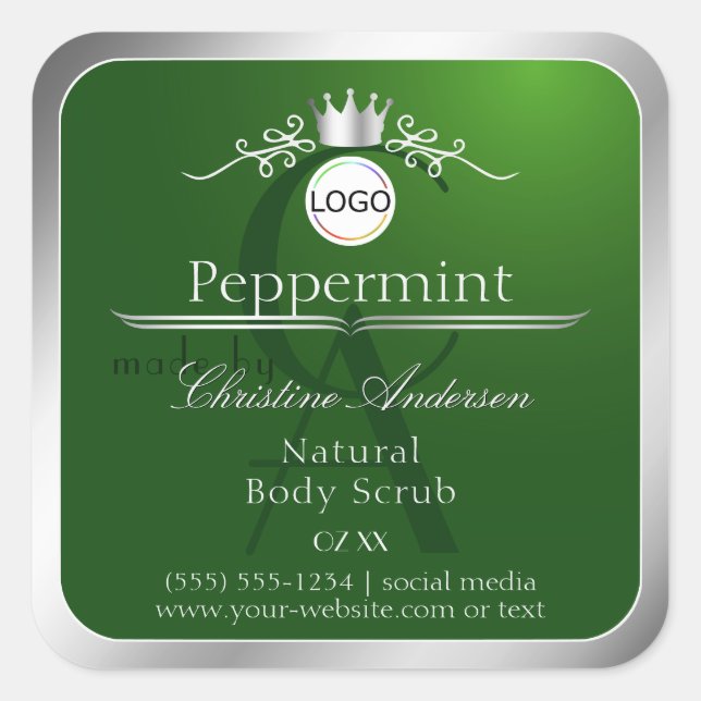 Sticker Carré Green Product Label Silver Frame Logo and Monogram (Devant)