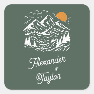 Sticker Carré Green Retro Vintage Mountain Mariage paysager