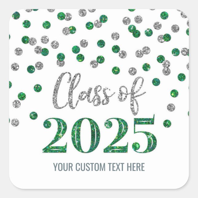 Sticker Carré Green Silver Confetti Graduation 2025 (Devant)