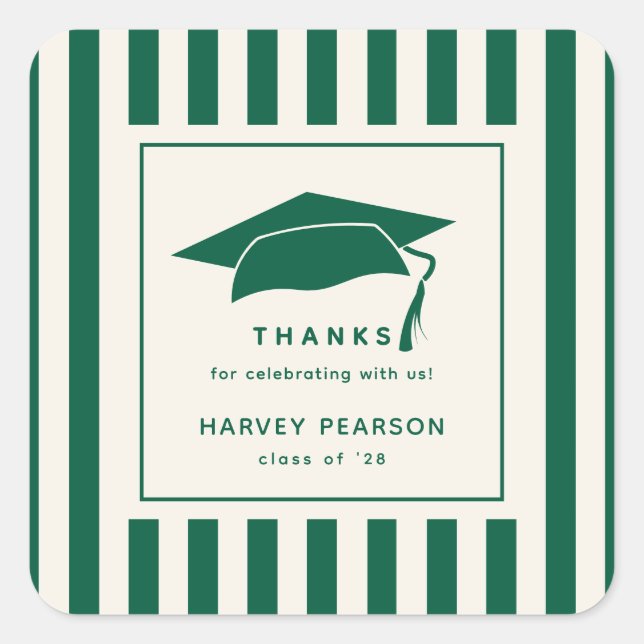 Sticker Carré Green Stripes Custom Graduation Party Thank You (Devant)