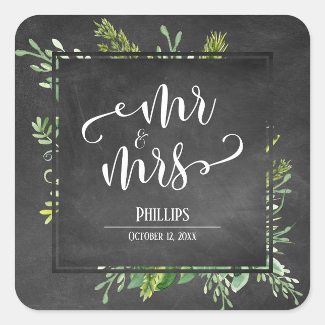 Sticker Carré Greenery Bouquet Mr & Mrs Typography Chalkboard (Devant)