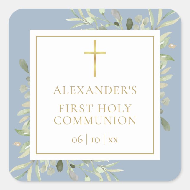 Sticker Carré Greenery Floral Dusty Blue First Holy Communion (Devant)