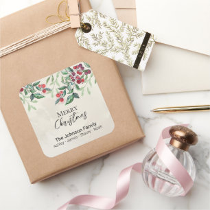 Sticker Carré Greenery Red Berries Christmas Holiday Tags cadeau