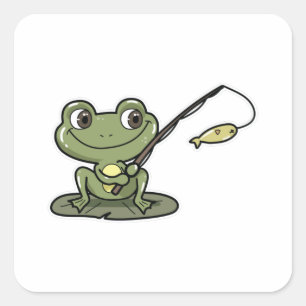 Sticker Carré Grenouille à la pêche avec canne à pêche