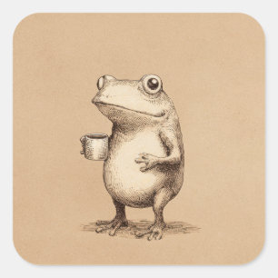 Sticker Carré Grenouille avec Café – Animal Fantaisiste Vintage