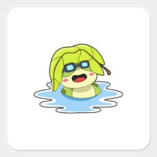 Sticker Carré Grenouille avec feuille à la natation