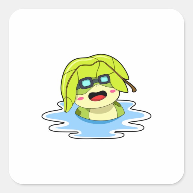 Sticker Carré Grenouille avec feuille à la natation (Devant)