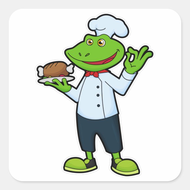 Sticker Carré Grenouille comme cuisiner avec assiette de service (Devant)