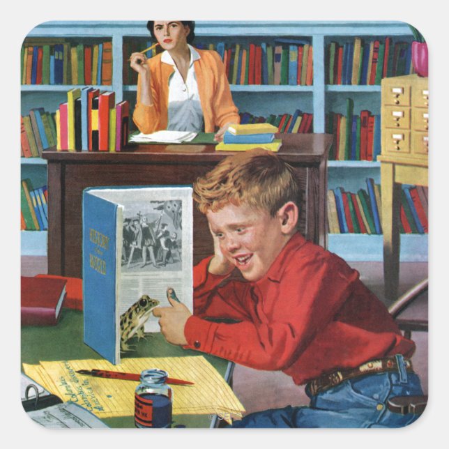 Sticker Carré Grenouille dans la bibliothèque (Devant)