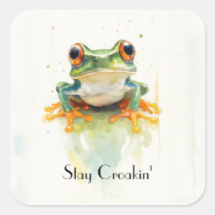 Sticker Carré Grenouille de l'arbre aquarelle verte mignonne, p