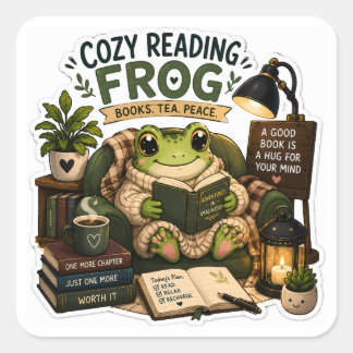Sticker Carré Grenouille de Lecture Cosy – Livres • Thé • Paix