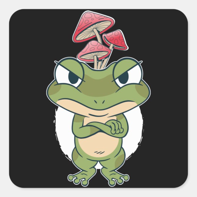 Sticker Carré Grenouille drôle avec champignons (Devant)