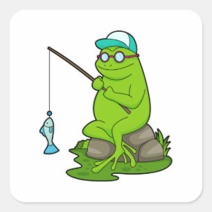 Sticker Carré Grenouille en pêcheur avec canne à pêche et poisso